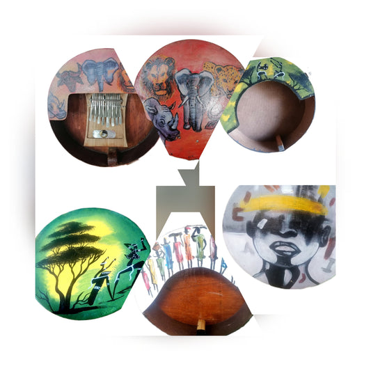 A collage of five colorful "deze" resonators for the mbira, each featuring different vibrant artwork depicting African wildlife, traditional figures, and landscapes. One deze shows a mbira instrument nestled inside.