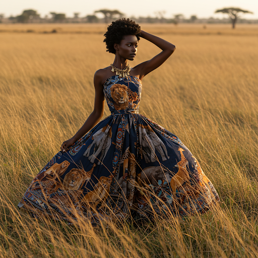 Print-on-demand dress with detailed African wildlife designs, including lions and elephants, worn by a woman in a tall grass field, emphasizing sustainable fashion.