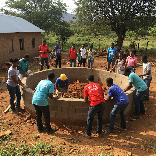 Image representing the spirit of Ubuntu, with people of different ages and backgrounds interacting harmoniously in a shared garden space.