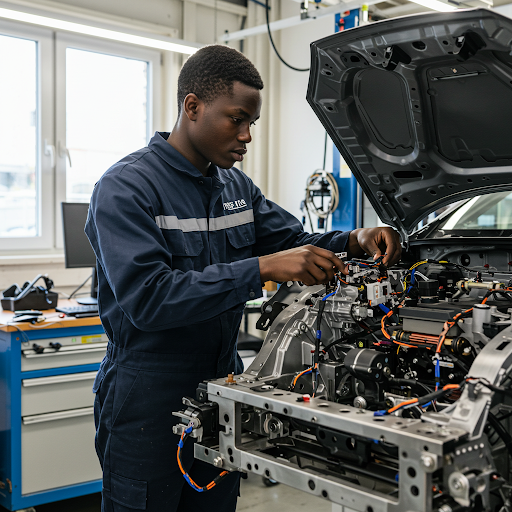 A young  man contributes to the future of sustainable transportation by assembling an electric car.