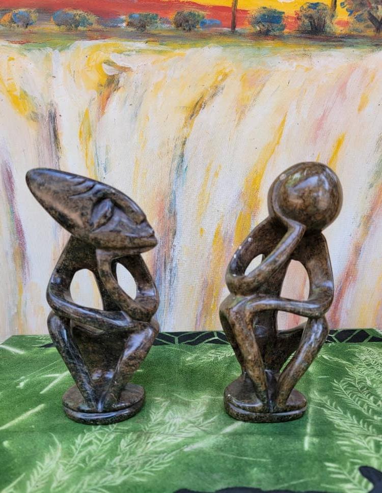 2 Shona stone sculptures - handmade gift, serpentine Statues, Home Decor Statues, African Stone Statues, Stone Sculpture Statues