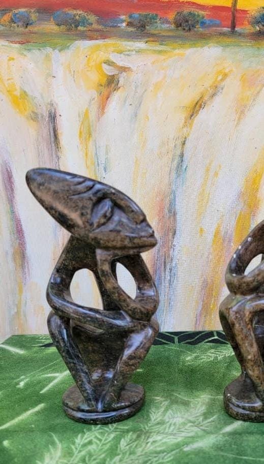 2 Shona stone sculptures - handmade gift, serpentine Statues, Home Decor Statues, African Stone Statues, Stone Sculpture Statues