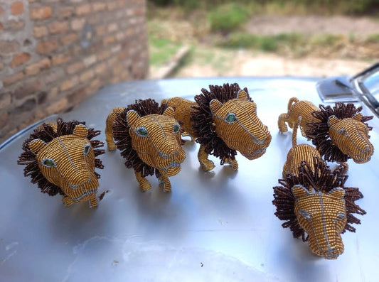 5 LION FIGURINES |beaded wire art |African Animals | Decorative sculpture | Unique home décor, rustic home decor