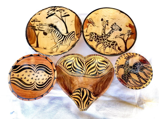 Handmade wooden bowl, decorative bowls, African artwork, geometric design, handpainted wildlife