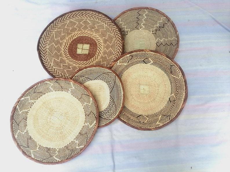 5 BINGA BASKET SET,  Coastal décor, boho style , wall basket set,  wall hanging decor , african  wall decor,  African Tonga baskets